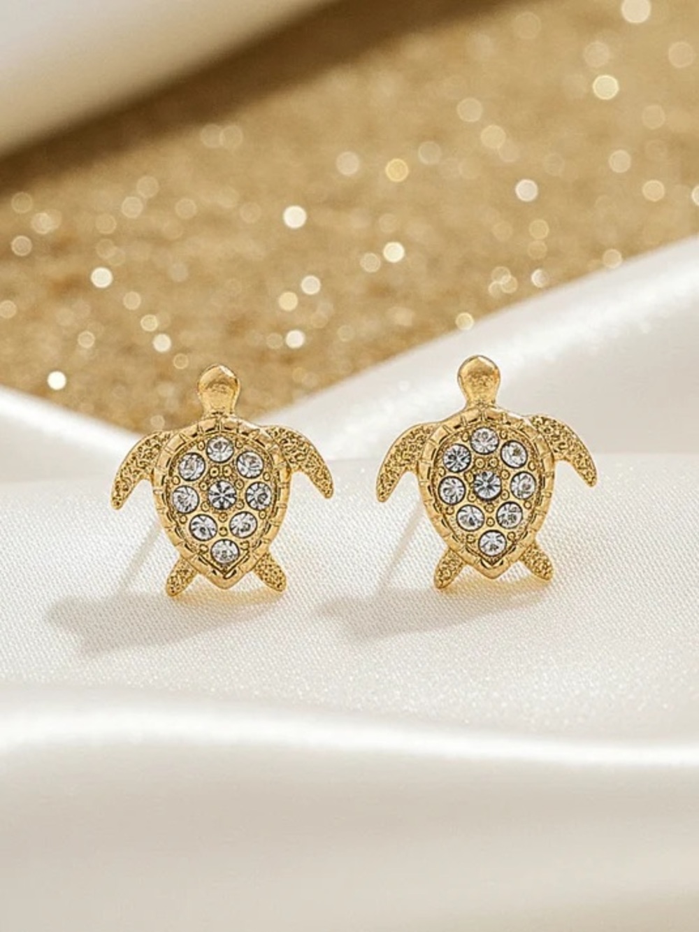 Gold Turtle Stud Earrings with Crystal Accents